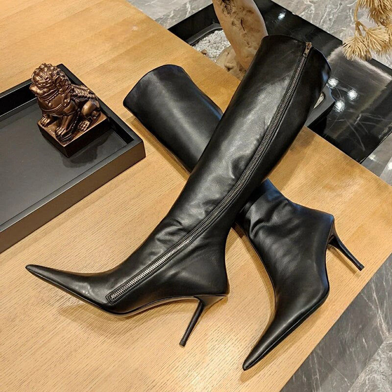 Autumn Pointy Toe Genuine Leather Thin High Heel Long Boots For Women Side Zipper Knee-High Boots  -  GeraldBlack.com