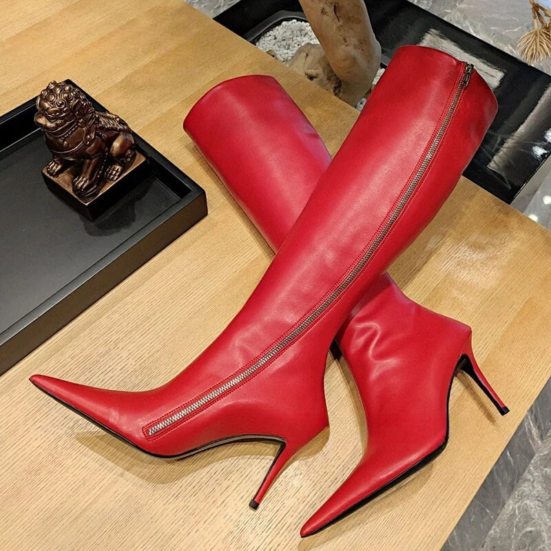 Autumn Pointy Toe Genuine Leather Thin High Heel Long Boots For Women Side Zipper Knee-High Boots  -  GeraldBlack.com