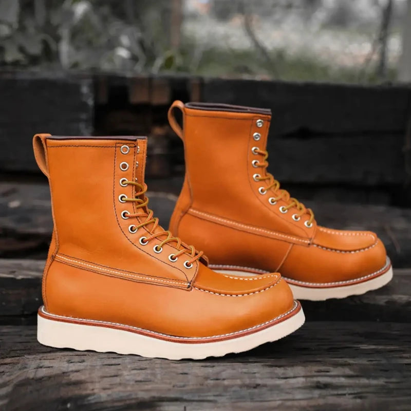Autumn Winter Casual Men Vintage Wings Cow Leather Handmade Tooling Mid-calf Outdoor High Motorcycle Boots  -  GeraldBlack.com