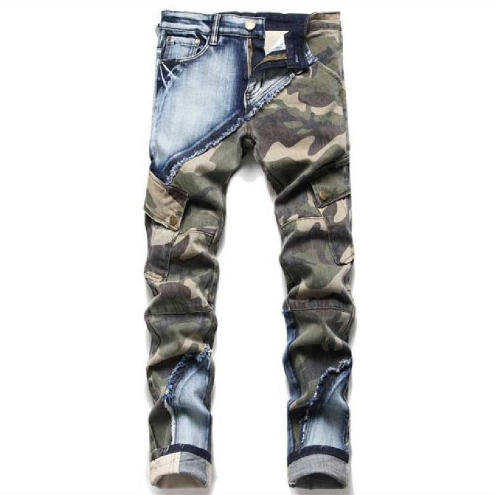 Autumn Winter Stretch Camouflage Patchwork Color Slim Fit Jeans Fur-edge Pocket Men's Pants  -  GeraldBlack.com