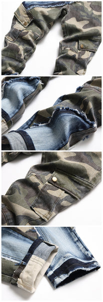 Autumn Winter Stretch Camouflage Patchwork Color Slim Fit Jeans Fur-edge Pocket Men's Pants  -  GeraldBlack.com