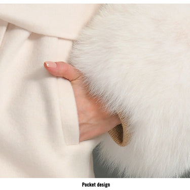 Beige Women Natural Fox Fur Collar Cashmere Wool Blends Long Winter Outerwear Streetwear  -  GeraldBlack.com