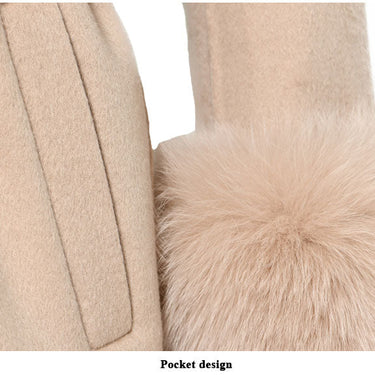 Beige Women Natural Fox Fur Collar Cashmere Wool Blends Long Winter Outerwear Streetwear  -  GeraldBlack.com