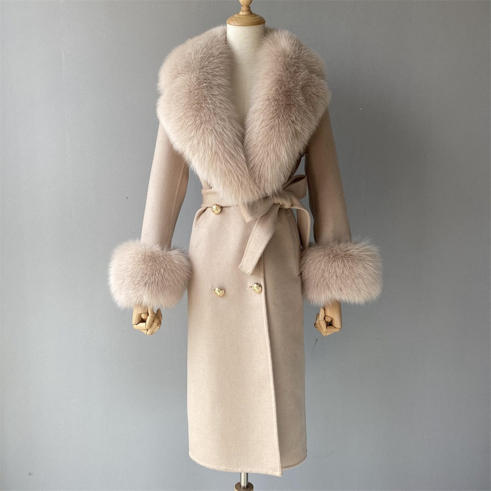 Beige Women's Double Faced Winter Slim Long Wool Cashmere Real Fox Fur Collar Cuffs Coat Outerwear  -  GeraldBlack.com