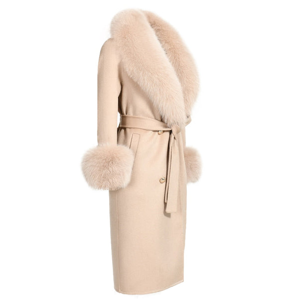 Beige Women's Double Faced Winter Slim Long Wool Cashmere Real Fox Fur Collar Cuffs Coat Outerwear  -  GeraldBlack.com