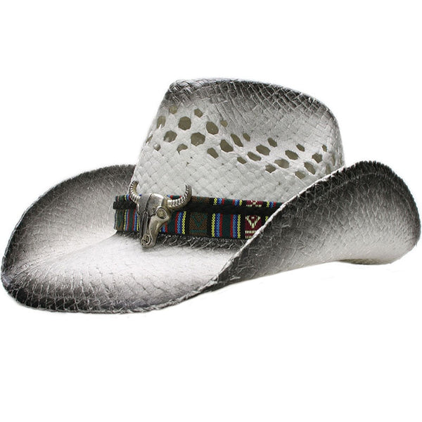 Big Ox Head Belt Hollowed Out Unisex Retro Raffia Straw Wide Brim Beach Cowboy Cowgirl Western Hat 58cm  -  GeraldBlack.com