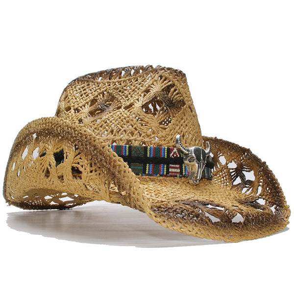 Big Ox Head Belt Hollowed Out Unisex Retro Raffia Straw Wide Brim Beach Cowboy Cowgirl Western Hat 58cm  -  GeraldBlack.com