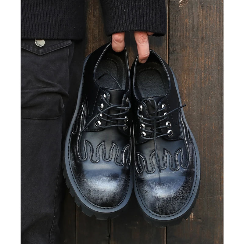 Big Round Toe Men's Old-fashioned Color-polishing Leather Thick Soles Flame Carved Casual Shoes  -  GeraldBlack.com
