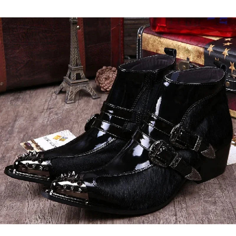 Big size Western Man's Black Italian Style Iron Pointed Toe Handsome Short Ankle Boots  -  GeraldBlack.com