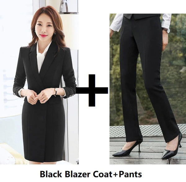 Black Autumn Winter Formal Women Business Office Work Wear Blazers Pants 2pcs Suits  -  GeraldBlack.com