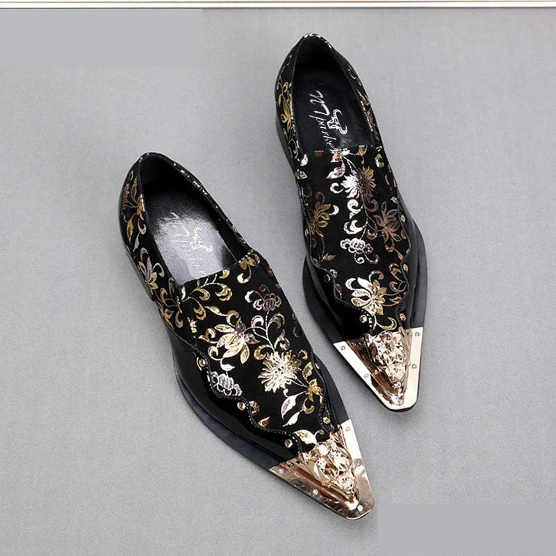 Black Color with Golden Flowers Men's Leather Party Handmade Plus Size Dress Shoes  -  GeraldBlack.com