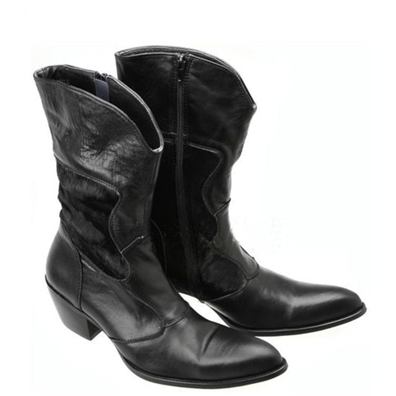 Black Fashion Vintage Man Pointed Toe Fashion Increased High Heels Horsehair Genuine Leather Boots  -  GeraldBlack.com