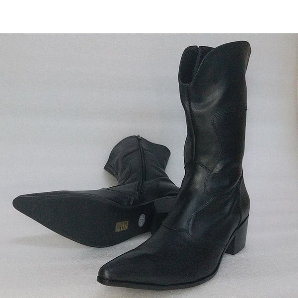Black Fashion Vintage Man Pointed Toe Fashion Increased High Heels Horsehair Genuine Leather Boots  -  GeraldBlack.com