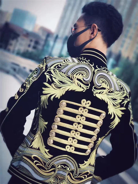 Black Gold Men's Embroidered Chinese Style Phoenix Robe Casual Dress Small Slim Suit  -  GeraldBlack.com