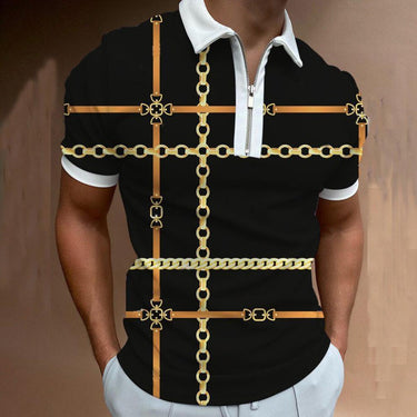 Black Gold Men's Vintage Printing Oversized Zipper Short Sleeve Casual Streetwear Polo Shirt Summer Clothes  -  GeraldBlack.com