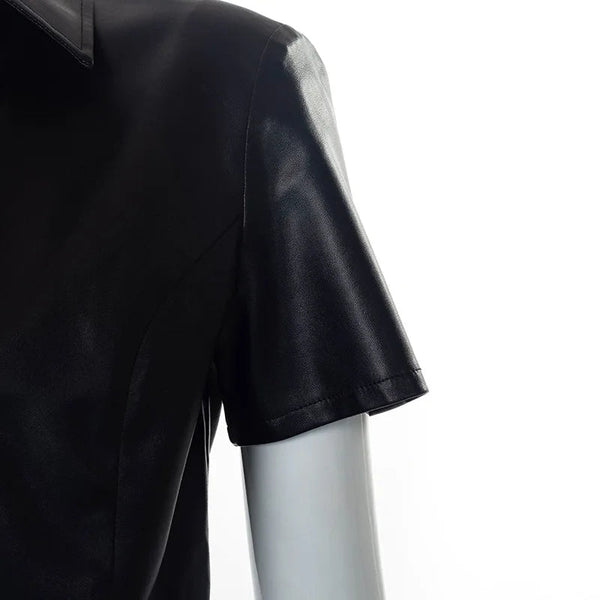 Black Leather Button Up Short Sleeve Women Fashion Streetwear Vintage Crop Top Clothes  -  GeraldBlack.com