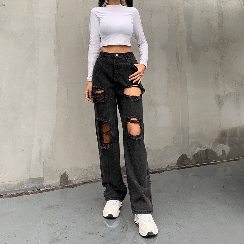 Black Ripped Out Denim High Waisted Women Vintage Korean Style Jeans Trousers 90s Streetwear  -  GeraldBlack.com
