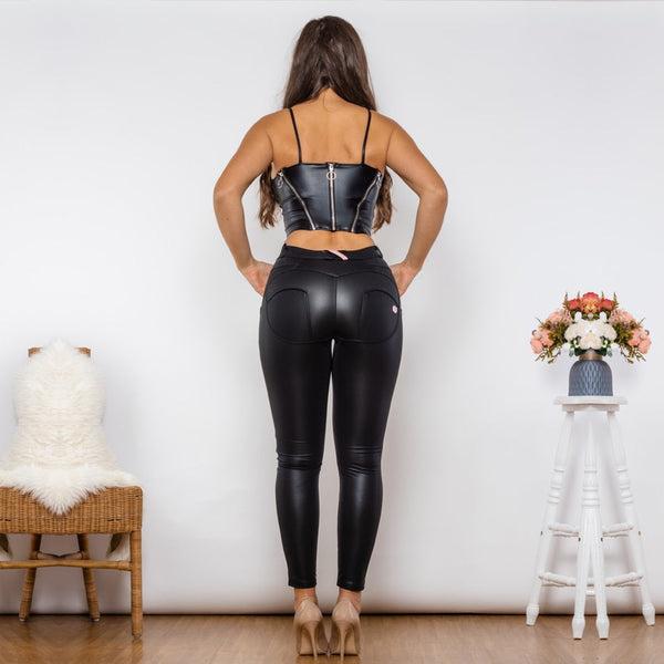 Black Synthetic Leather Zipper Crop Top Middle Waist Lifting Pants 2 Pieces Set Shaper Bodysuit  -  GeraldBlack.com
