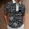 Black White Men's Vintage Printing Oversized Zipper Short Sleeve Casual Streetwear Polo Shirt Summer Clothes  -  GeraldBlack.com