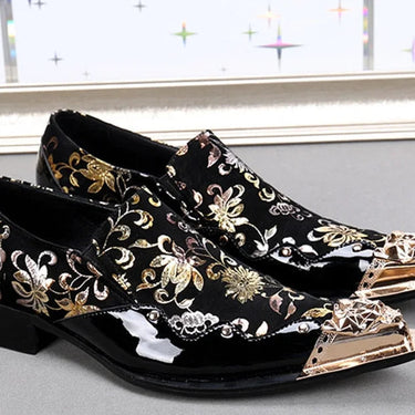Black With Golden Flowers Leather Banquet and Party Handmade Oxfords Plus Size Male Dress Shoe  -  GeraldBlack.com