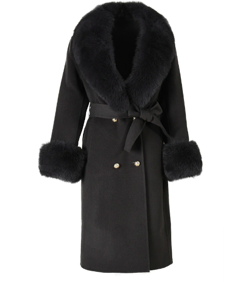 Women's Black Real Fox Fur Collar Cashmere Wool Blends Long Winter Jacket
