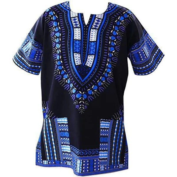 Blue Black Men 3D African Ethnic Primitive Tribal Dashiki Printing Pocket Short Sleeve Oversized Shirt Fashion Clothing  -  GeraldBlack.com