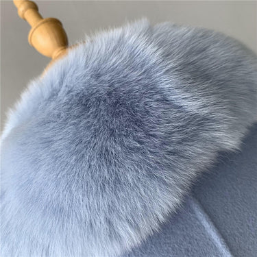 Blue Women Natural Fox Fur Collar Cashmere Wool Blends Long Winter Outerwear Streetwear  -  GeraldBlack.com