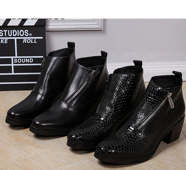 British Style Men's 6.8CM Heels Black Leather Round Toe Square High Heels Boots  -  GeraldBlack.com