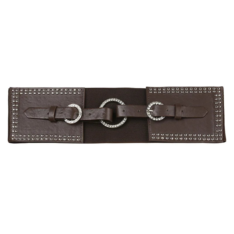 Brown PU Leather Belt Vintage Style Rhinestone Buckle Studded Wide Belts for Women  -  GeraldBlack.com