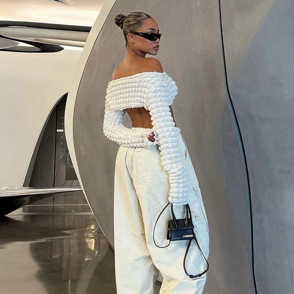 Bubble Texture White Off The Shoulder Long Sleeve Crop Top Street Style Fall Fashion Women Sexy Shirts  -  GeraldBlack.com