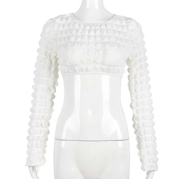 Bubble Texture White Off The Shoulder Long Sleeve Crop Top Street Style Fall Fashion Women Sexy Shirts  -  GeraldBlack.com