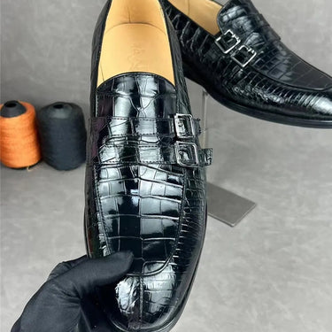 Business Style Authentic Exotic Black Genuine Crocodile Alligator Leather Buckle Strap Male Loafers Shoes  -  GeraldBlack.com