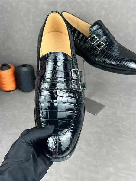 Business Style Authentic Exotic Black Genuine Crocodile Alligator Leather Buckle Strap Male Loafers Shoes  -  GeraldBlack.com