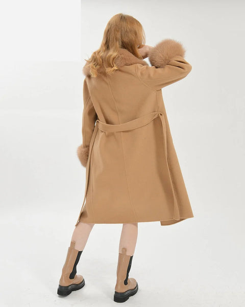 Camel Color Women's Double Faced Winter Slim Long Wool Cashmere Real Fox Fur Collar Cuffs Coat Outerwear  -  GeraldBlack.com