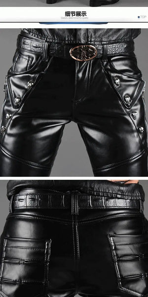 Casual Men's  Slim Korean Version of The Trend Leather Motorcycle Small Foot Plus Velvet Warm Pants  -  GeraldBlack.com