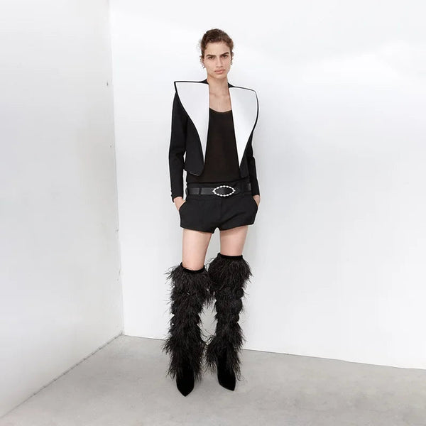 Catwalk Feather Tassel Thin High Heel Woman Long Sexy Pointed Toe Fur Boots Plus Size 34-45  -  GeraldBlack.com
