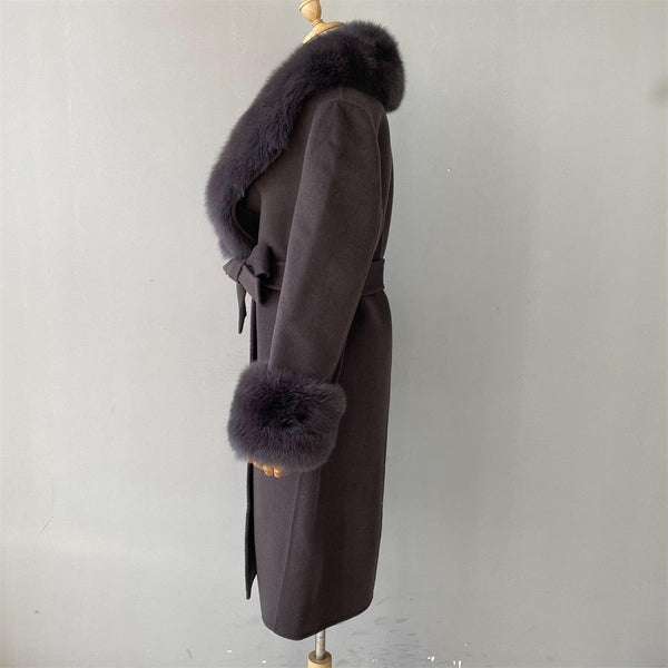 Women's Charcoal Gray Cashmere Real Fox Fur Collar Long Winter Jacket