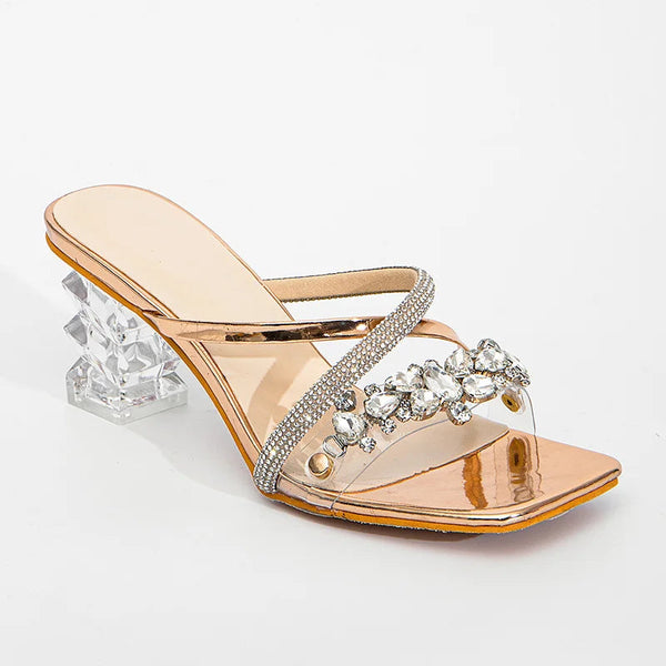 Chic Clear Transparent Heels Women Mules Slides Shoes Summer Square Toe Crystal Chain shoes  -  GeraldBlack.com