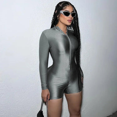 Chic Zipper Long Sleeve Black Gray Club Wear for Women Rompers Fall Baddie Outfit One Pieces  -  GeraldBlack.com
