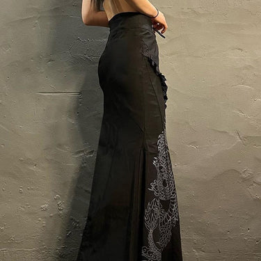 Chinese Style Dragon Printed A Line Dark Lace Mid Waisted Maxi Summer Fashion Gothic Skirts for Women  -  GeraldBlack.com