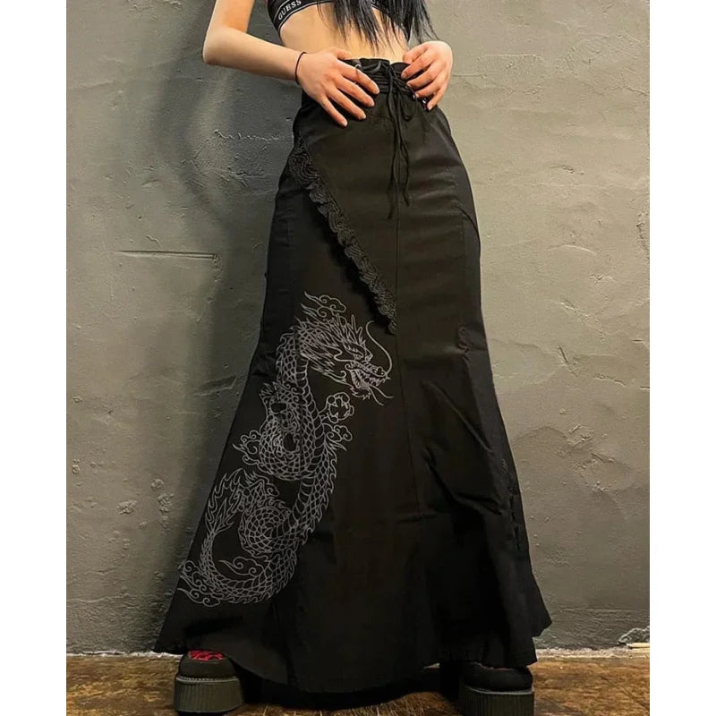 Chinese Style Dragon Printed A Line Dark Lace Mid Waisted Maxi Summer Fashion Gothic Skirts for Women  -  GeraldBlack.com