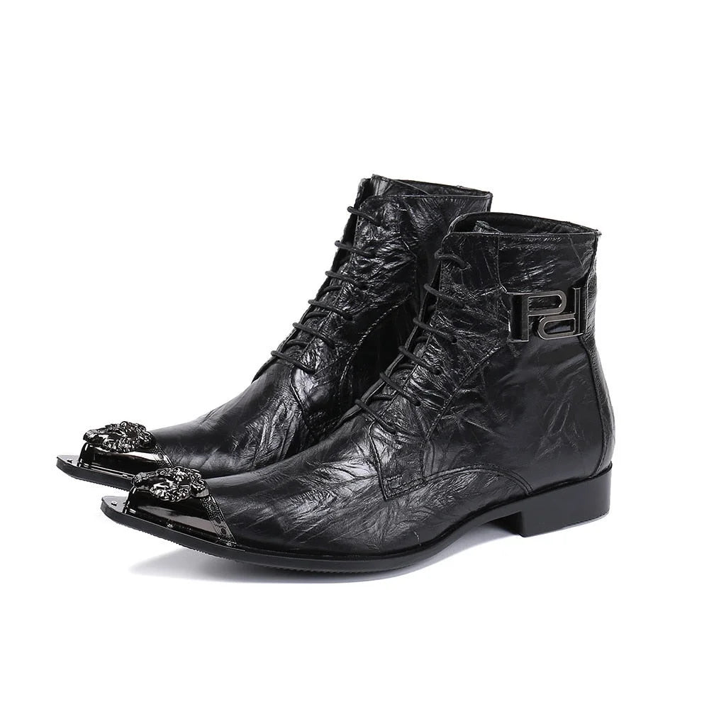Cool Men's Pointed Metal Toe Genuine Leather Black Lac Uup Business Party Short Ankle Boots  -  GeraldBlack.com