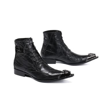 Cool Men's Pointed Metal Toe Genuine Leather Black Lac Uup Business Party Short Ankle Boots  -  GeraldBlack.com