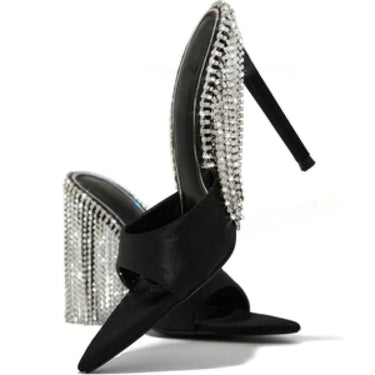 Crystal Dangle High Heels Mules Women Open Pointy Toe Elegant Glossy Patent Stylish Casual Party  -  GeraldBlack.com