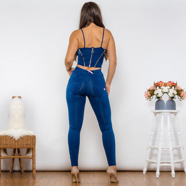 Dark Blue Middle Waist Butt Lift Jeans Denim Zipper Yoga Set of Two Fashion 2 Pieces for Women  -  GeraldBlack.com