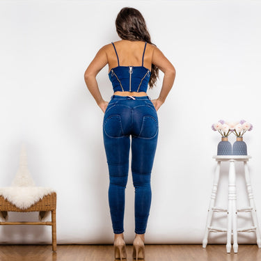 Dark Blue Washed Ripped Middle Waist Lifting Jeggings Jeans Shapers Yoga Set  -  GeraldBlack.com