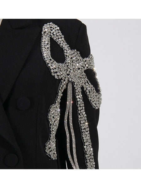 Designer Blazer Women's Diamonds Beaded Bow Design Long Blazer  -  GeraldBlack.com