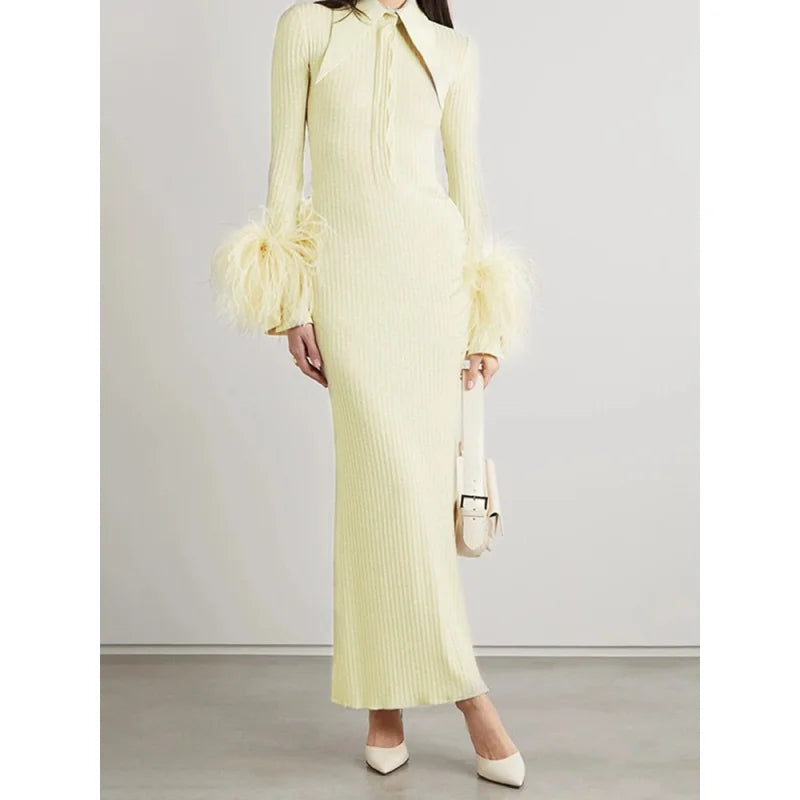Designer Fashion Women's Elegant Leather Feather Trim Rib Knit Super Long Dress  -  GeraldBlack.com