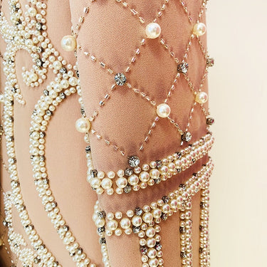 Designer Fashion Women's Shawl Collar Stunning Diamonds Pearls Beaded Blazer Dress  -  GeraldBlack.com