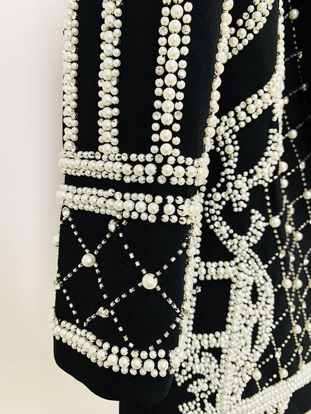 Designer Fashion Women's Shawl Collar Stunning Diamonds Pearls Beaded Blazer Dress  -  GeraldBlack.com